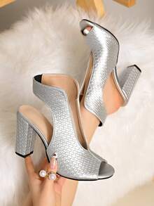 European And American Lace-Up Peep Toe Stiletto Heel Hollow Out Ankle Boots, Jazz Dance Shoes For Women, Summer - Silver - View 3