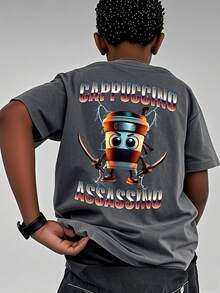 1件青少年男童休闲印花圆领短袖T恤，夏季学生青少年服装 - 这款印有“山海经”字样的T恤为每个孩子带来欢乐和幸福！卡布奇诺刺客 - 深灰色 - 查看 1