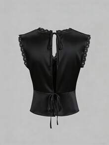 Women Satin Lace Trim Cami Tops Silk Deep V Neck Short Sleeve Tank Top Y2k Summer Going Out Camisoles Party Club Streetwear - 黑色 - 查看 3
