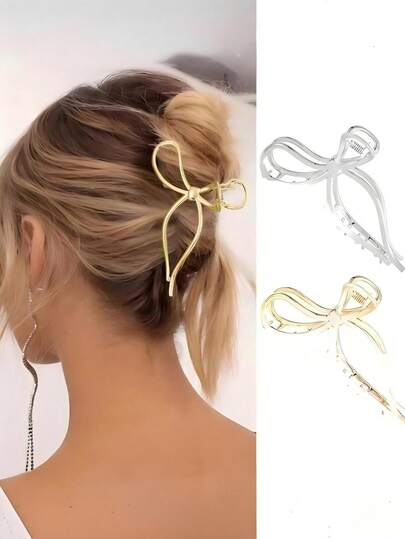 1 Pack Women's 11.5cm Hollow Bow Ribbon Metal Hair Clips, Suitable For Daily Wear
