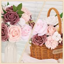 [Free Shipping]Artificial Flowers Combo Dusty Pink White Roses With Stems Leafs Bouquets Bridal Wedding Shower Decorations Fake Floral For Party Table Centerpieces - 葡萄酒 - 查看 7