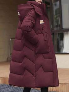 Women Solid Color Hooded Long Sleeve With Pockets Mid-Length Thick Jacket - Màu Đỏ Sâu - Xem 2