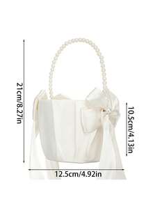 1pc Elegant Large Bow Faux Pearl Handle Confetti Basket - Satin Round Party Decor, Ruffled Trim, , Suitable For Valentine's Day, Wedding, Proposal