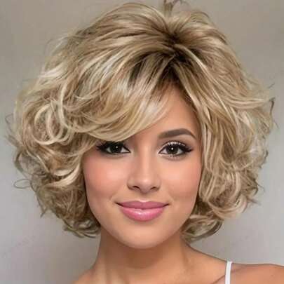 1 szt. Elegancka peruka ombre w kolorze szampańskiego złota z grzywką na bok, odpowiednia dla kobiet, włókno wysokotemperaturowe, czepek z siateczki w kolorze róży, gęstość 150%, łatwa w stylizacji, odpowiednia na każdą okazję, idealny prezent noworoczny dla mamy