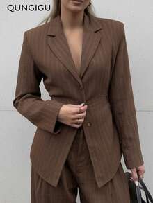 QUNGIGU Women's Lightweight Linen-Like Blazer Jacket, Waist Cinched Design, Button-Up Shirt Style Cardigan, Striped Tie V-Neck Casual Business Office Summer Thin Outerwear - Coffee Brown - View 3