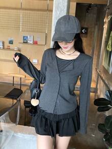 韩版撞色二合一圆领条纹拼布开衫，修身长袖上衣 - 灰色 - 查看 10