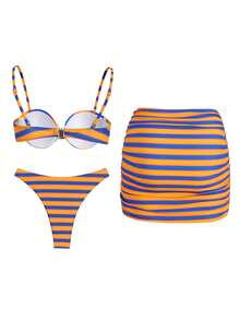 Bộ bikini 2 mảnh in sọc xanh dương kèm váy ngắn, bikini tam giác dành cho nữ, thích hợp cho kỳ nghỉ hè. - Nhiều màu - Xem 8