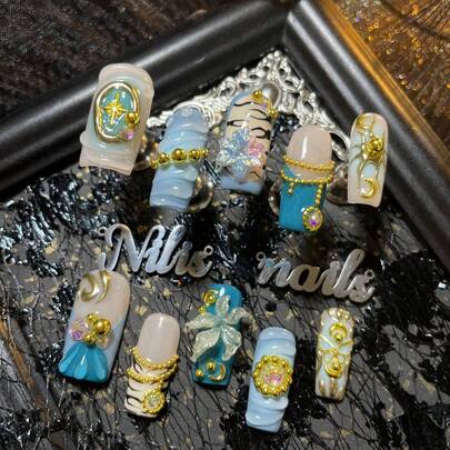 10pcs Handmade Fully Covered Square Nails Acrylic Kit,Blue&Apricot Nail,Blue&Apricot French,Blue Tie Art,3D Stereo Rhinestone&Flower&Star Moon&Chain Bead Nail Art Accessories Decoration,Handmade Chrome Powder Sun And Moon& Zebra Stripes& Geometric Patterns,Very Suitable For Women And Girls To Attend Theme Ramadan Parties