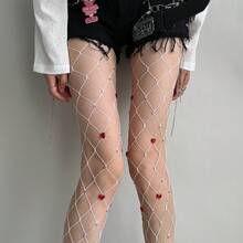 Sexy Fishnet Stockings For Women, Thin Mesh Pantyhose With Heart Rhinestone Decor, White Hollow Grid Tights, Summer - White - View 2
