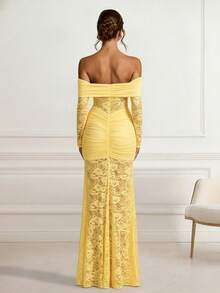 Vestido de fiesta elegante y sexy de encaje con volantes y parches de encaje, para boda en la playa, fiesta, noche, cóctel o graduación, de unicolor - Amarillo - Ver 6