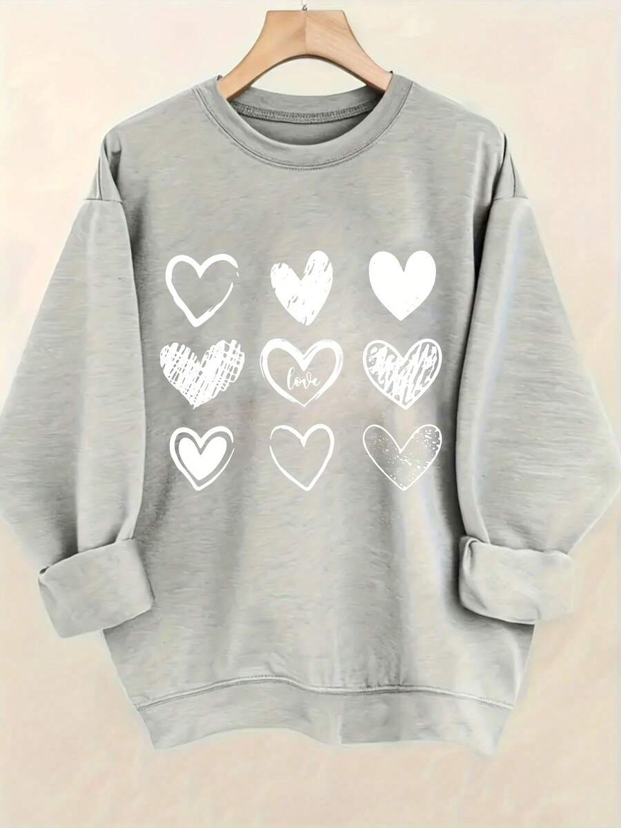 Women's Valentine's Day Heart Print Sweatshirt - Soft Stretchy Pullover Sweater, Cozy Casual Round Neck Long Sleeve Blouse, Light Beige-Friendly For F - 灰色 - 查看 1