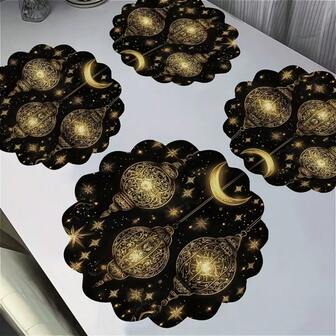 Conjunto de 2/4/6 peças de jogos americanos simples e elegantes com tema de Ramadã, decorados com lua dourada e lanternas - Jogos americanos de 38 cm decorados com estrelas. Adequados para reuniões, refeições e decoração de festas. Ideais para decoração de casa, decoração de mesa de festas, decoração de festas no campo, estilo rústico, jogos americanos laváveis, materiais duráveis, decoração de mesa de festas e entretenimento doméstico.