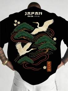男士大码休闲圆领T恤，涤纶针织面料，舒适透气，时尚刺绣风景印花，休闲街头风设计，新颖上衣 - 黑色 - 查看 1