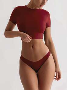 Red High Elasticity Cropped Tight Fit Casual Sports Tee, Basic Vacation T-Shirt For Women, Valentine's Day Summer - Burgundy - View 2