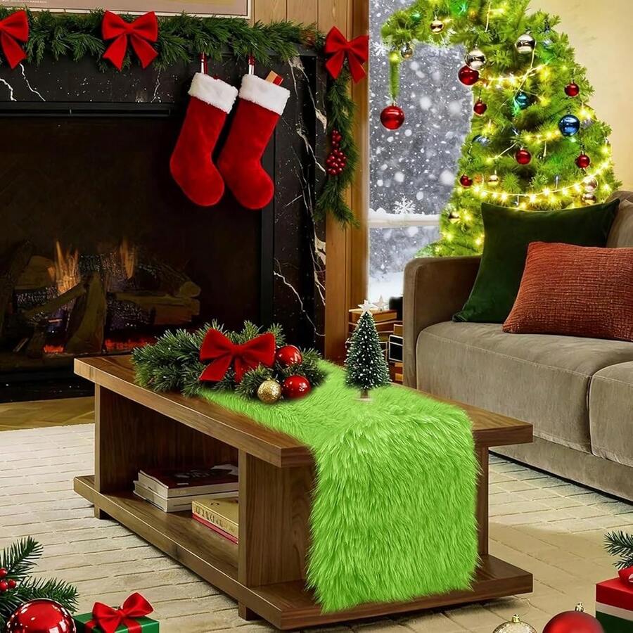 Green Christmas Table Runner 48 Inch, Fluffy Faux Fur Dresser Cover Top, Dresser Runners For Bedroom, Coffee Table, Vanity Desk, Birthday Christmas Party Home Decorations - Green - 查看 1