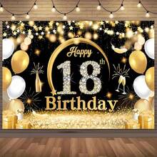 18岁生日黑金气球派对背景，18岁生日横幅配铂金气球和香槟设计，18岁生日蛋糕桌装饰，18岁生日海报，18岁生日拍照背景道具。18岁生日派对装饰。 - 彩色 - 查看 1