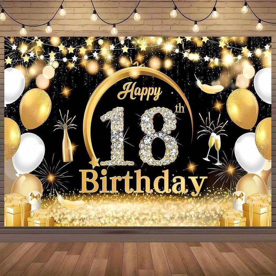 18岁生日黑金气球派对背景，18岁生日横幅配铂金气球和香槟设计，18岁生日蛋糕桌装饰，18岁生日海报，18岁生日拍照背景道具。18岁生日派对装饰。 - 彩色 - 查看 1