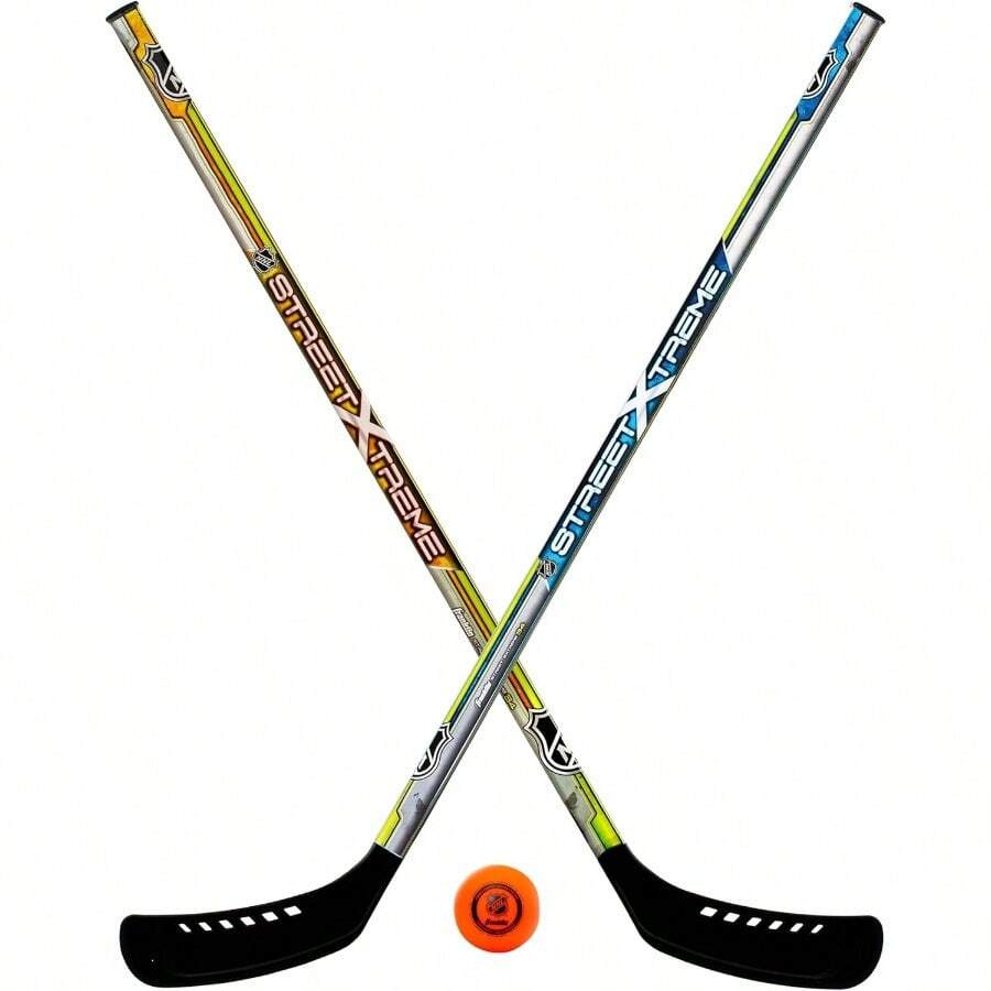 Franklin Sports  Street Hockey Stick Set - Includes 2 Youth Street Hockey Sticks + (1) Outdoor Roller Hockey Ball - Perfect Hockey Starter Set for - NaranjaAzul - Ver 1
