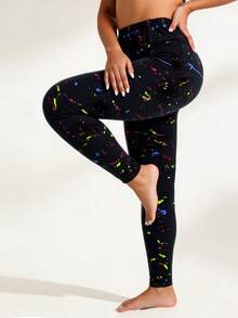 大码女式黑色打底裤，饰有彩色泼墨印花，休闲时尚，适合户外运动、健身、瑜伽、购物、旅行、散步，九分裤长，春季款 - 黑色 - 查看 7