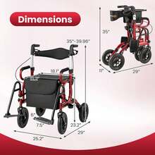 Lifezeal 2-In-1 Rollator Walker For Seniors With Seat 9" Pneumatic Tires For All Terrain Black/Red/Navy - Red - View 2