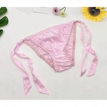 Women Silk Panties Lightweight Briefs Smooth Breathable Satin Bikini,Sexyys Tie-Side Underwear Daily Fit Comfort,Pinkprint - 粉紅藍圖 - 查看 3