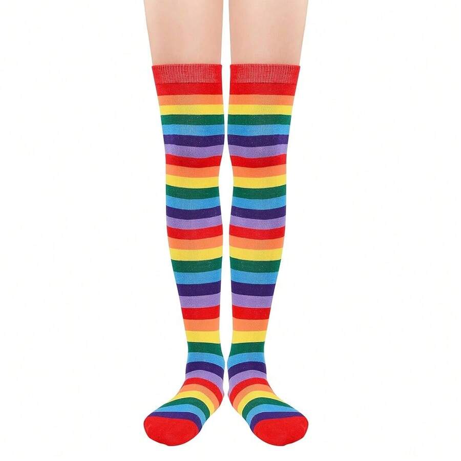 Zando Womens Thigh High Socks Striped High Knee Socks Knee High Socks For Cosplay Long Socks Over The Knee Leg Warmers,OneSize,ZRedRainbow - ZRedRainbow - View 1