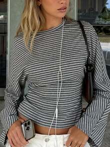 Women's Comfortable Regular Length Striped Knit Long Sleeve Crew Neck T-Shirt With Cinched Hem Detail