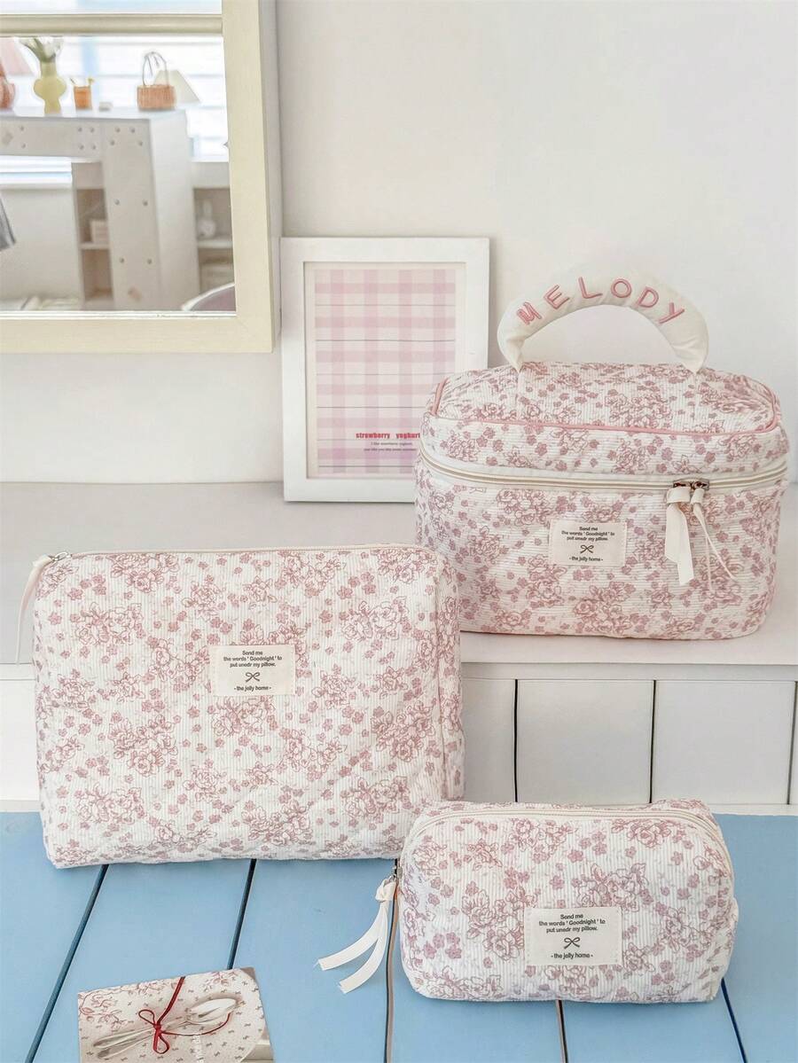 1个春季碎花化妆包，大容量化妆品收纳袋，女士便携式拉链洗漱包，可收纳化妆品、护肤品、口红、化妆刷、护手霜、耳机、硬币、钥匙等，适合居家、旅行、度假和上学使用。 - 淺粉色 - 查看 1