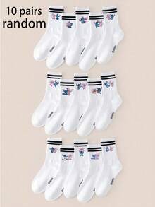 Disney 1/5/10 Pairs Stitch Angel Design Socks, Cartoon Crew Socks, Lilo & Stitch Anime Movie Novelty Socks, Black Striped White Mid-Calf Socks, Women Ankle Socks, Soft Breathable - Multicolor - View 21