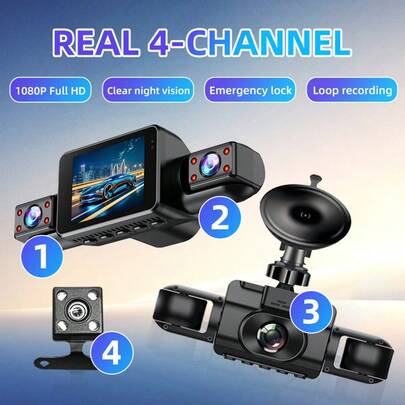 Vavupo Camera hành trình 4 kênh Full HD 1080P: Camera hành trình ô tô với tầm nhìn ban đêm rõ nét, khóa khẩn cấp và ghi hình liên tục - Camera hành trình 4 góc độ sắc nét