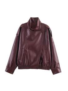 Women's Red PU Leather Jacket, Autumn/Winter Bomber Jacket Outerwear, Tops, Autumn Ladies Jacket, Long Sleeve Tops, Winter Button Coat - Redwood - View 5