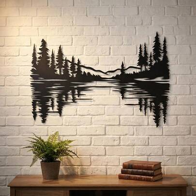 1pc Metal Lakeside Cabin Wall Art Sculpture: Countryside Landscape Decor, 40cm/15.75in, Modern Laser Cut Metal Wall Art, Iron Wall Painting, Indoor Outdoor Home Garden Patio Decor, Elegant Wall Hanging, Housewarming Gift