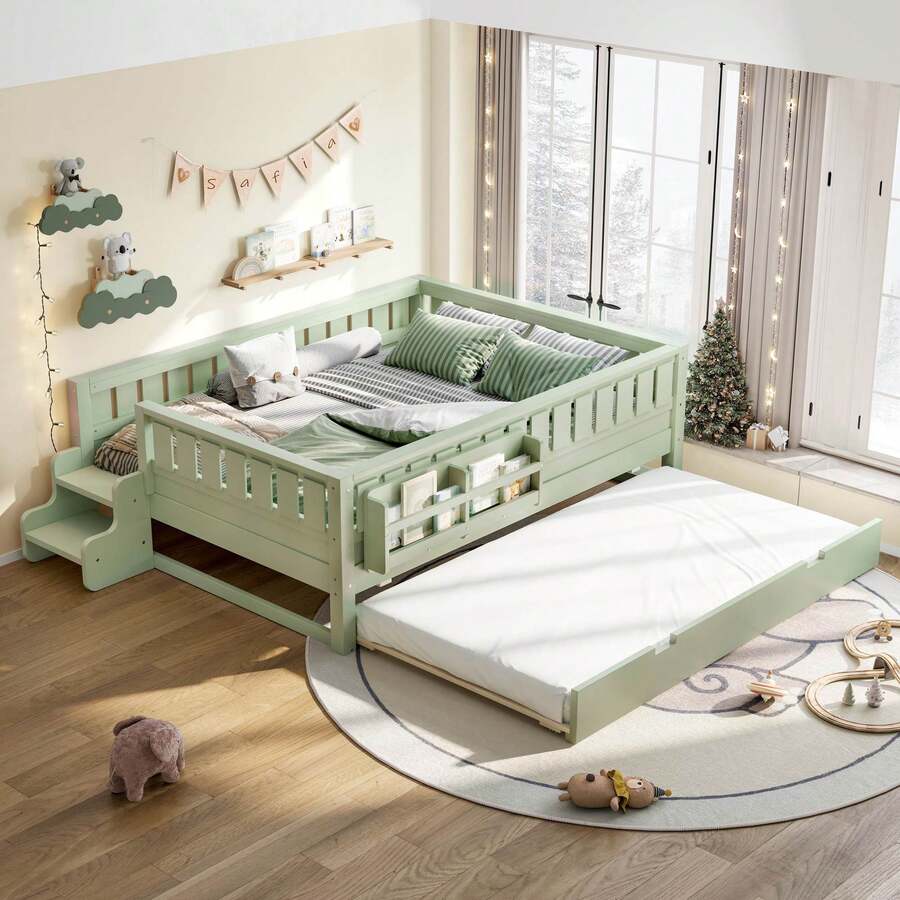 FUNIDEE Full Size Platform Bed With Trundle, Platform Bed Frame With Built-In Bookshelves And Rounded Small Staircase, Bed Frame With Guardrails For Kids - Bơ xanh - Xem 1