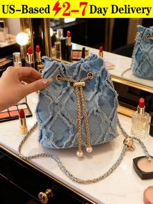 New Fashion Classic All-Match Solid Color Diamond Lattice Raw Edge Metal Drawstring Opening And Closing Design Shoulder Bucket Bag, Elegant Women's Wallet, Suitable For Shopping, Commuting To Work, Party Gatherings - Multicolor - View 5