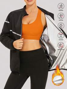 Women's Slimming Sauna Suit Set, Reflective Long Sleeve Stand Collar Jacket With Zipper, Plus Size Sauna Sweat Shirt For Running, Yoga, Gym Workout - Silver - View 1