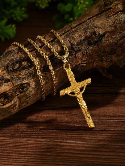 1pc 18K Gold Plated Stainless Steel Jesus Cross Pendant Necklace, Unisex Christian Element Necklace, Fashionable Personalized Cross Necklace For Men, Stylish Jewelry For Ascension Day