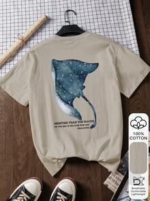 Manta Ray Pattern Print Summer Women's Casual Fashion 100% Cotton Short-Sleeve T-Shirt, Back To School - Grey - View 1