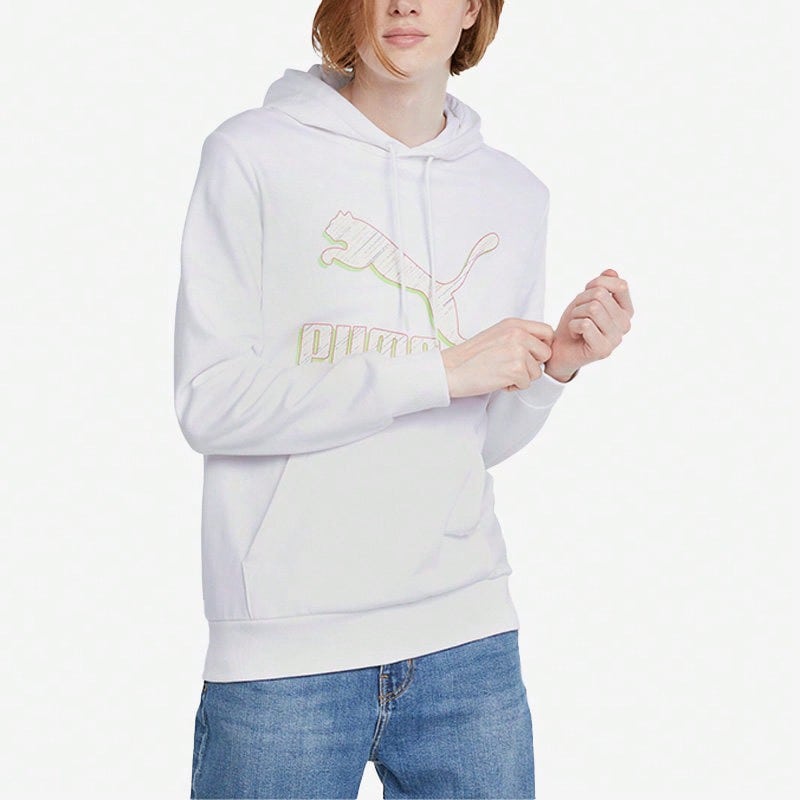 Puma Gold Logo Hooded Sweatshirt, Casual Training Knit Pullover, Graphic Sweatshirt - White - View 1