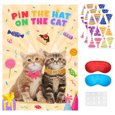 7 Pcs Pin The Hat On The Cat Party Games,Cat Birthday Party Games Kit - Cat Games Poster, Cat Party Games Blindfold & Cat Birthday Hat Stickers Etc Cat Birthday Decorations Supplies