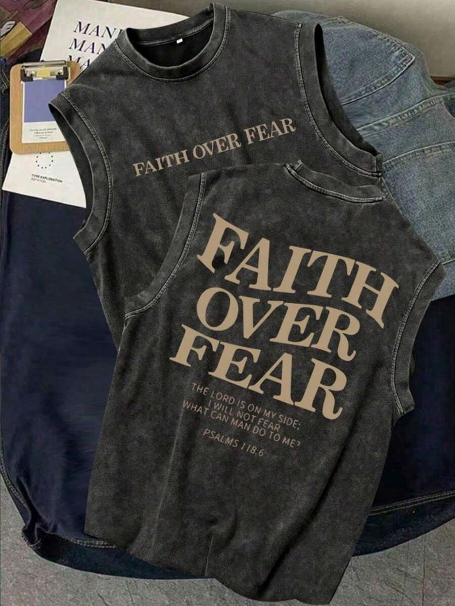 Faith Over Fear Printed  Men's Tank Top, 220g Heavyweight Pure Cotton Sleeveless Shirt, Soft And Comfortable Casual Lightweight Crew Neck Top Suitable For Daily Commuting, Gym Workouts, And Outdoor Activities In Spring And Summer. - 黑色 - 查看 1