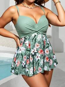 Swim Vcay Plus Size Summer Beach Contrast Tropical Floral Print Tankini Set - Green - View 5