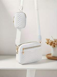 Women's Small Square Shoulder Bag, Quilted Crossbody Bag, Coin Purse - White - View 8