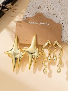 4/6/16pcs Fashionable & Elegant Gold-Tone Earrings Set, Featuring Bow, Hoop, Circle, Heart, Star, Wave, C-Shape Designs, Suitable For Daily Wear And Thoughtful Gifts. [Note: The Earrings Are Made Of Plastic Material. Customers With Specific Material Requirements Should Purchase Carefully. Thank You For Your Understanding.] - Gold - View 10