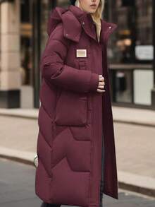 Women Solid Color Hooded Long Sleeve With Pockets Mid-Length Thick Jacket - Màu Đỏ Sâu - Xem 4