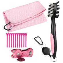 FINGER TEN Pink All In One Golf Accessories Set, Includes 16*16 In Pink Microfiber Towel, Groove Brush With Retractive Clip, Pink Divot Tool With Blank Ball Marker And 10 Pink Wood Tees, Ideal Gift Kit For Men Women Golfers