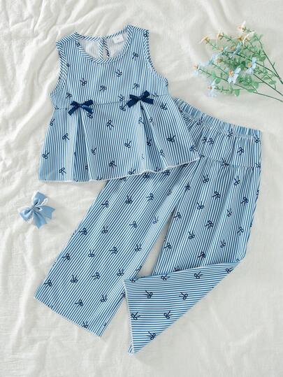 2pcs Girls Casual Outgoing Fashion Striped Bow Print Decor 3D Bow Backpack Snap Design Sleeveless Top And Elastic Waist Pants Set, Spring/Summer