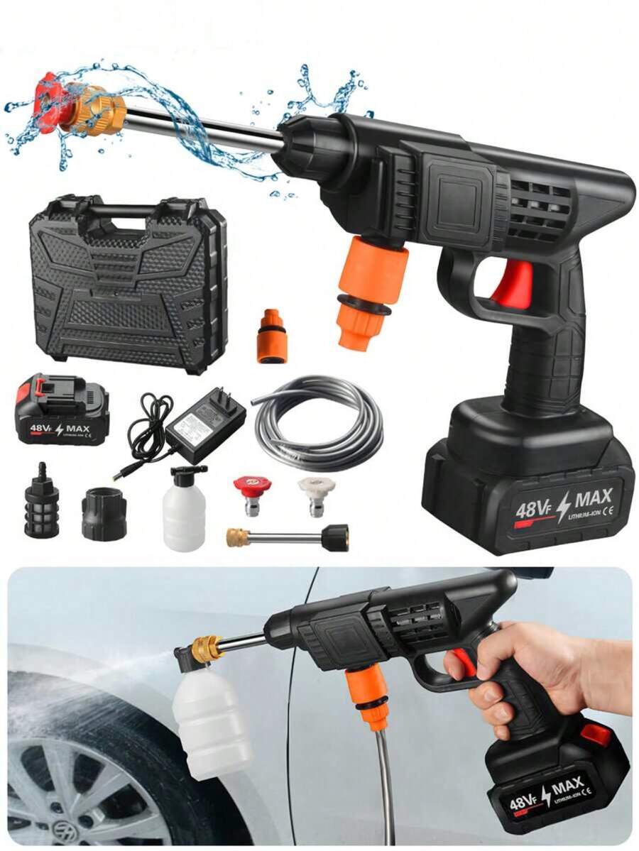 CasaBella Pistola de agua portátil de alta presión, contiene 2 baterías de 48 V, batería de larga duración de 70 minutos, adecuada para pistolas de agua domésticas, limpieza de automóviles, riego de jardines y pisos - Negro - Ver 1