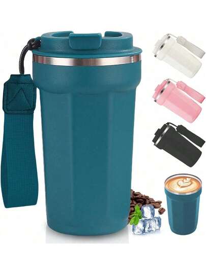 EstiloMOYAC Termos Para Cafe De 510 Ml, Taza Cafe De Viaje Con CordóN De Acero Inoxidable, Termo Al VacíO Para ConservacióN Del Calor Y El FríO, Adecuada Para Preparar Leche, Café, Té (Azul)VersióN Mejorada