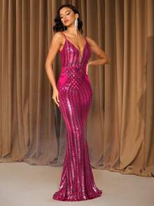 Đầm nữ gợi cảm với dây đeo mảnh, họa tiết hình học, đính sequin, hở lưng, chất liệu lưới phối hợp, thích hợp cho tiệc tùng, sự kiện trang trọng, hẹn hò buổi tối, mọi mùa, ngày Valentine, đám cưới, mùa xuân. - Màu Hồng Tươi - Xem 6
