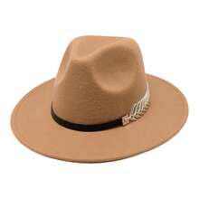 JEWELRYWE Men's Flat-Brimmed Felt Hat, Women's Fedora, With Gold Fishbone Trim, Elegant Wide-Brimmed Hat, Party Hat, Suitable For Casual, Formal Occasions, Masquerade Balls, Graduation Ceremonies, Unisex - 駝色 - 查看 12